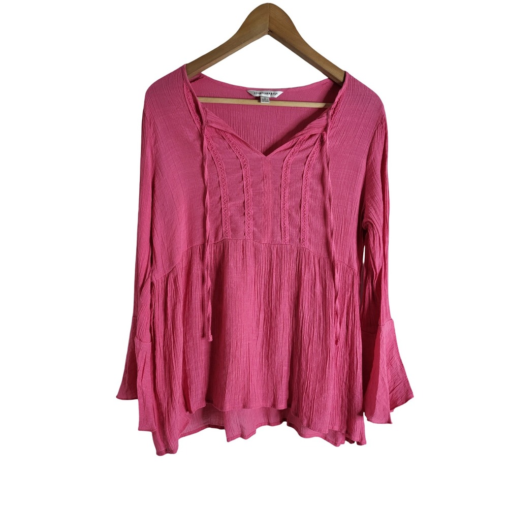 Counterparts Pink Crinkle Gauze Boho Peasant Blouse Bell Sleeve Medium Feminine